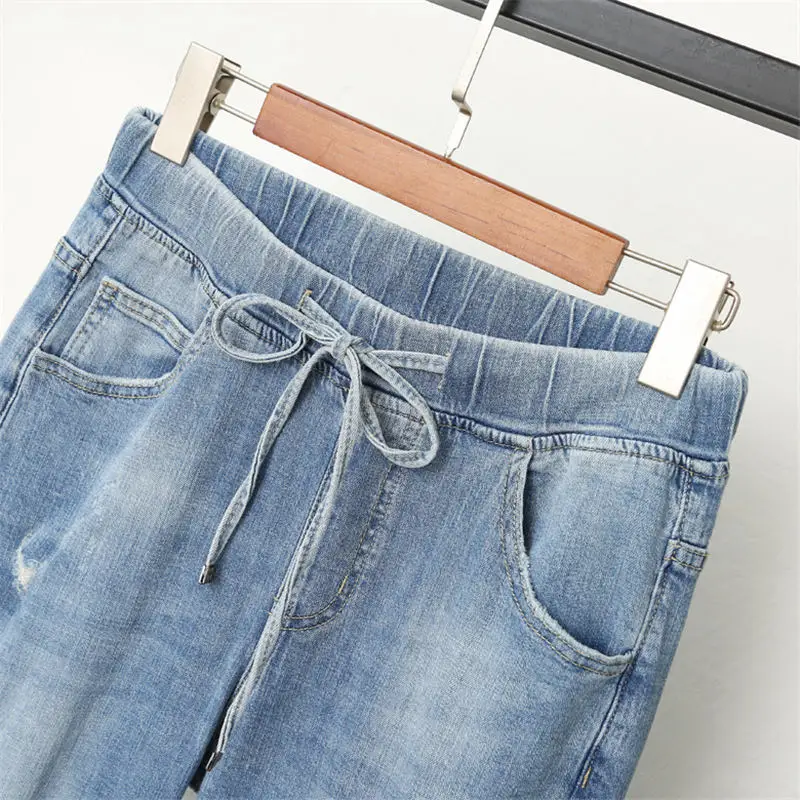 L-5XL Boyfriend Jeans Women With High Waist Harem Pants Plus Size Mom Jeans Streetwear Casual Elastic Vintage Jeans Femme Q1106