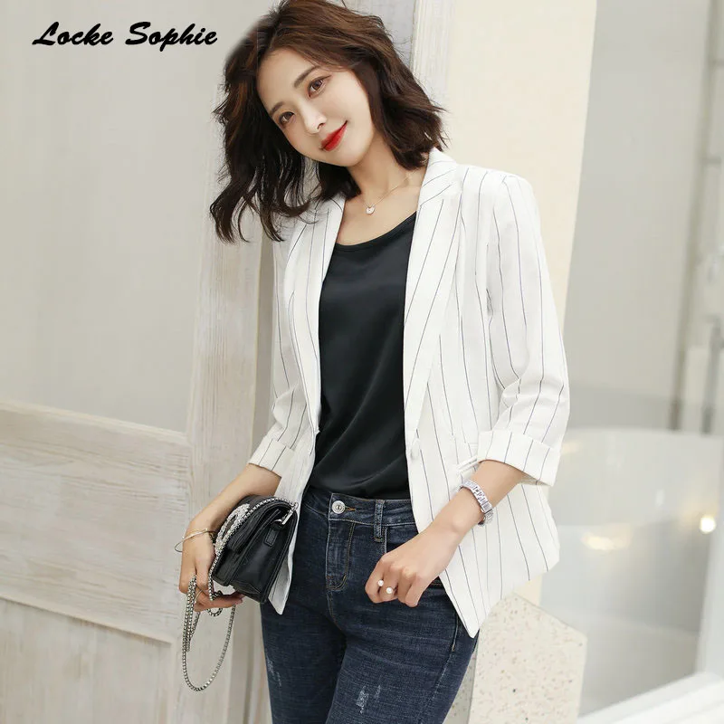 1pcs Women Plus size Blazers coats 2019 Summer cotton blend stripe Slim fit Small Suits jackets ladies Skinny Blazers Suits coat