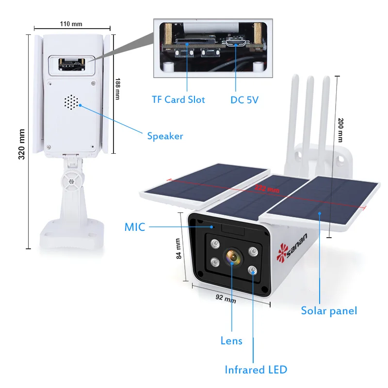 SANAN Free Cloud Storage 1080P Waterproof Outdoor Wifi Camera solar powered wireless cctv camera Wi
