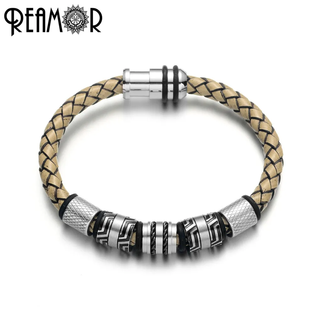 

REAMOR Vintage Genuine Leather Braided Men Bracelets 316L Stainless Steel Charm Male Bracelet Jewelry Magnetic Clasp Bangles