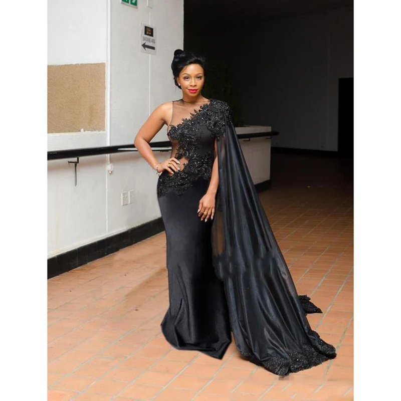 

Verngo Black Evening dress Mermaid 2019 One-shoulder Lace appliques with beads Vintage Velet robe de soiree