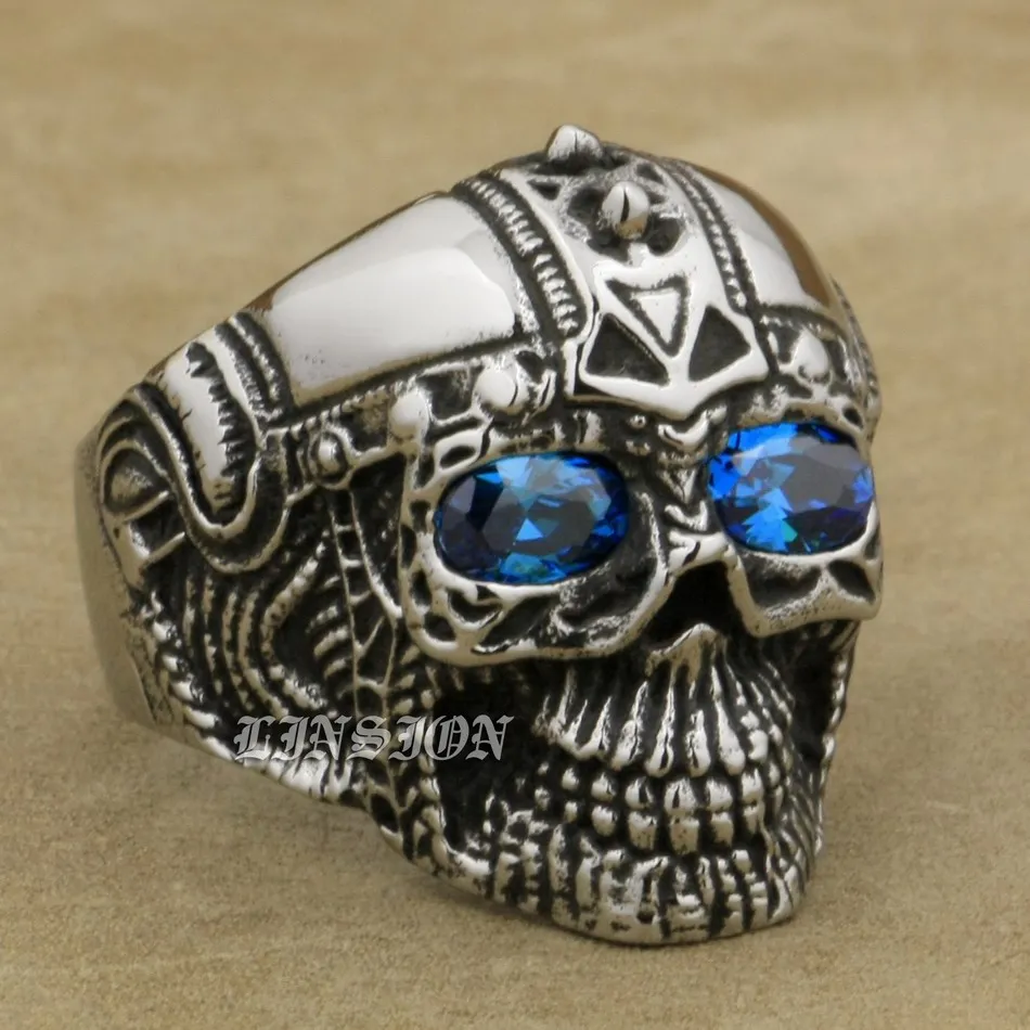 

316L Stainless Steel Punk Rock Skull Blue CZ Eyes Mens Punk Ring 4E136