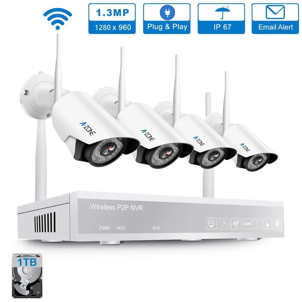 

A-ZONE 4CH 960P Wireless Indoor Outdoor IP Cameras NVR Night Vision with 1TB Hard Driver