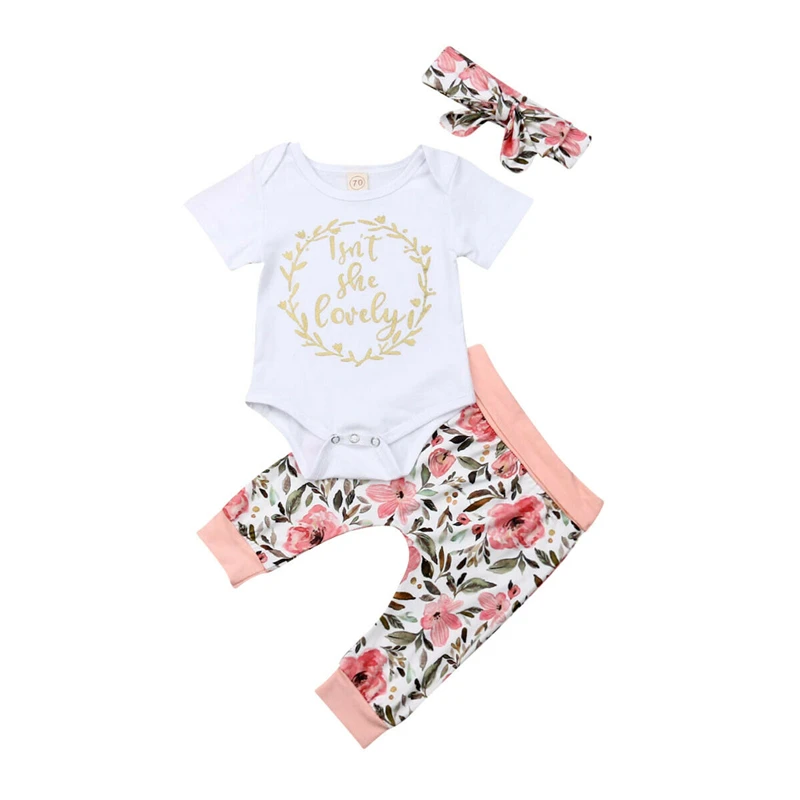 3 предмета, милые топы для новорожденных девочек, Цветочный комбинезон с короткими рукавами, топы, штаны, хлопковый комплект для малышей, повседневная одежда, roupa infantil