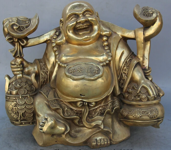 

JP S62 17" Chinese Brass Wealth Money Happy Laugh Maitreya Buddha treasure bowl Statue Discount 35%