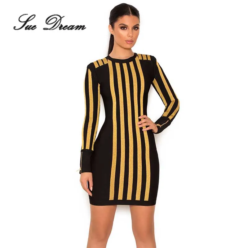 Women Runway Dresses 2017 spring Black O Neck Gold foil Striped Long