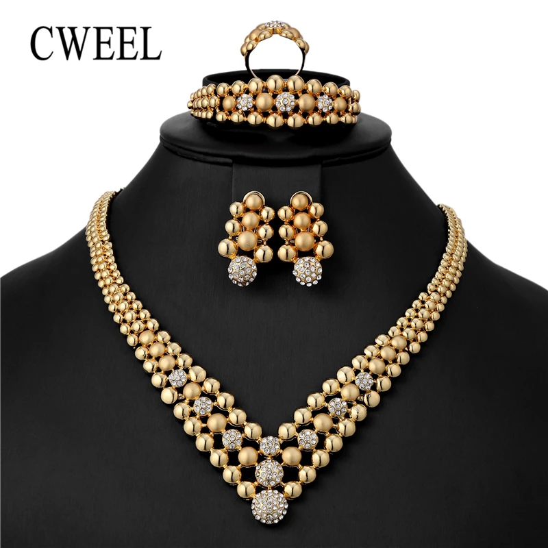 

CWEEL Jewelry Sets Gold Color Nigerian Wedding African Beads Jewelry Set For Women Imitation Crystal Necklace Fashion Jewellery