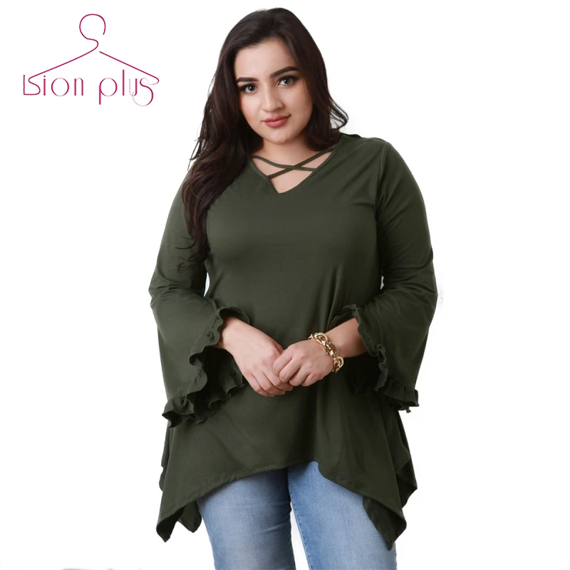 

Ruffles Hem Army Green T Shirt Oversized 2017 Autumn Bufferfly Sleeve Bust Cross Belt Female T-Shirts Plus Size 7XL 6XL Shirts