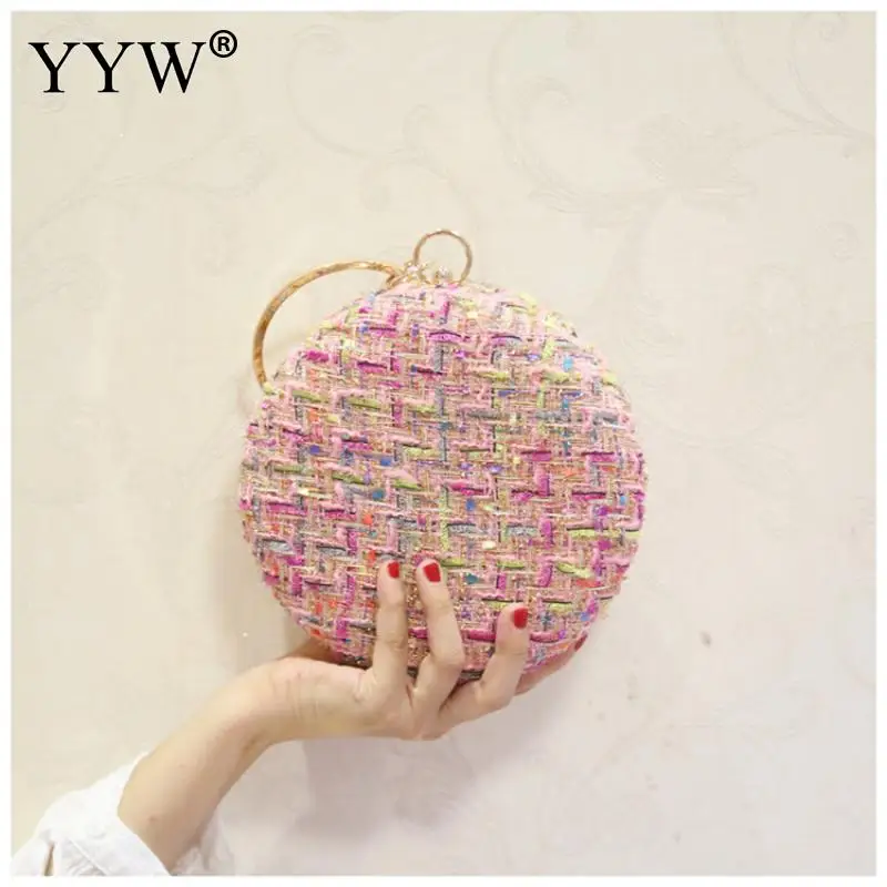 

Plaid Fabric Round Handbag Clutch With Rhinestone Handle Wedding Bridal Party Hand Bag 2019 Pink Evening Top Handle Hand Bag New