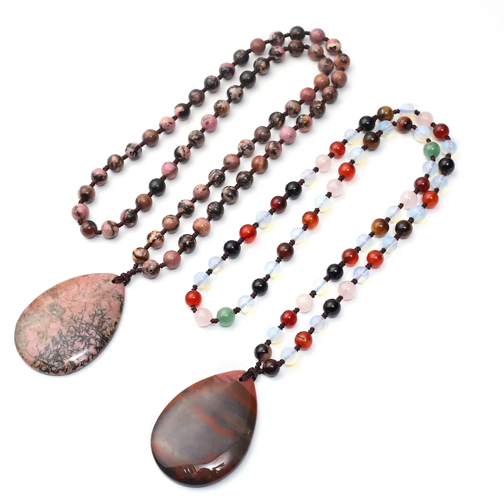 

1PC BloodStone Natural Stone Oval Bood Jades Rhodonite Teardrop Agates Beads Hand Knot Rope Accessories Pendants Necklaces Free