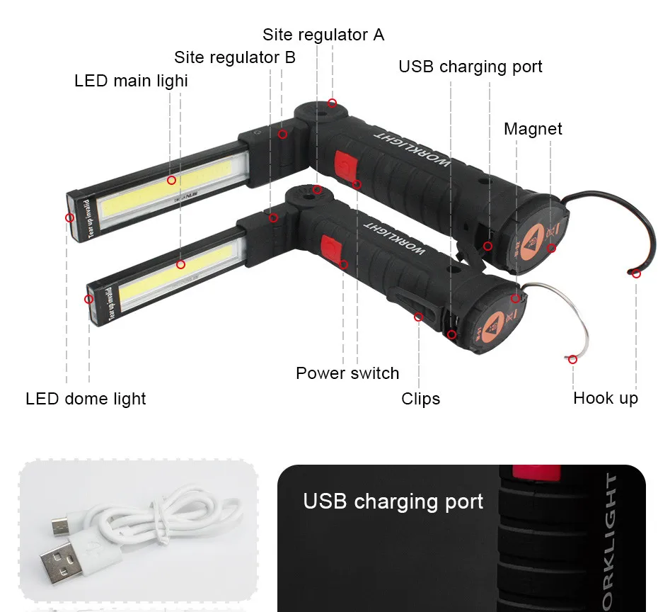 Портативный COB вспышка светильник фонарь USB Перезаряжаемые светодиодный рабочий осмотр светильник 5-режим Магнитный Открытый Кемпинг подвесной фонарь с крюком