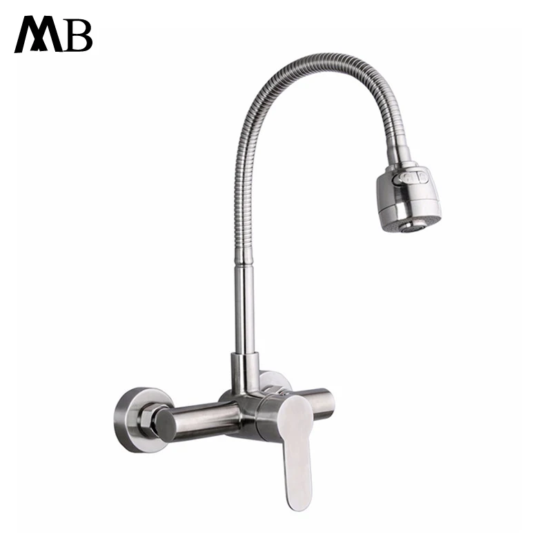 

Wall Mounted Kitchen Faucets Brushed SUS304 Water Mixer Taps Hot and Cold Faucet 2 Functions Kitchen Tap With Water Pipes