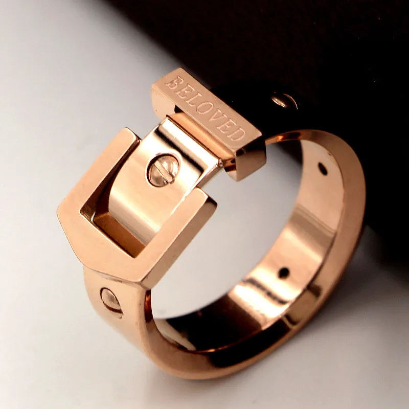 

7mm Width Punk Nail Belt Buckle Ring Stainless Steel Rose Gold Color Luxury Love Screw Rings For Women Men Jewelry R009-1