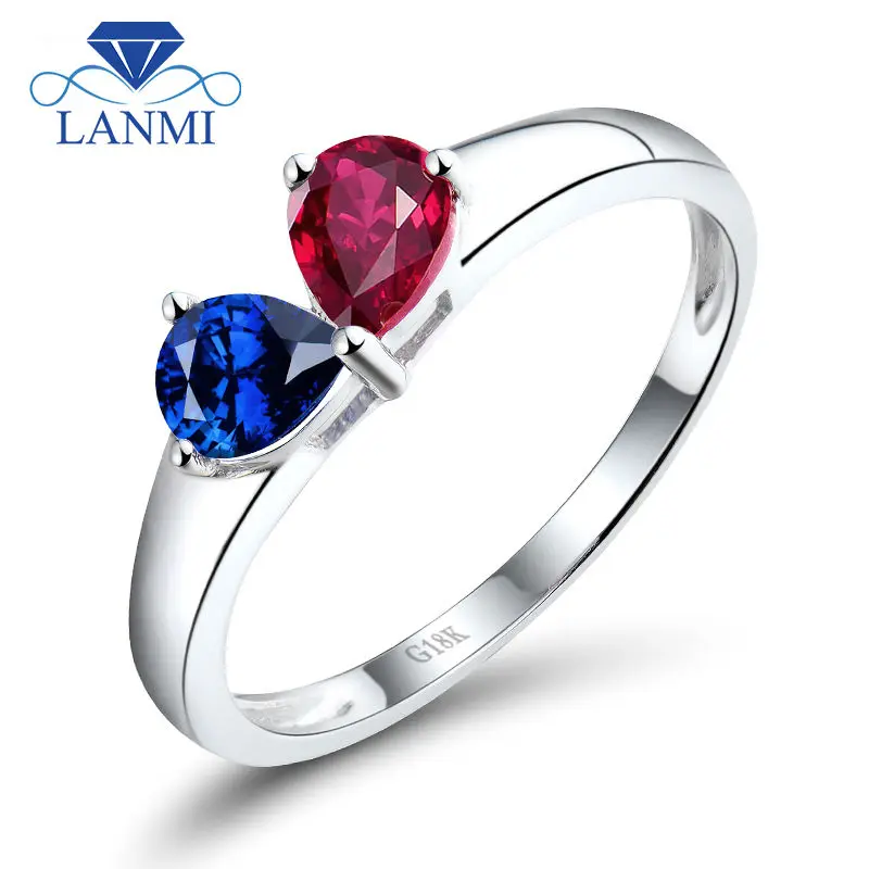 

18K White Gold Natural Diamond Two Pear Cut Gemstone Design Natural Sapphire Ruby Engagement Rings for Wife Gift WU299