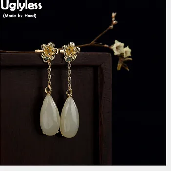 

Uglyless 100% Real 925 Sterling Silver Handmade Plum Blossom Earrings Natural White Jade Water Drop Earrings for Women Brincos