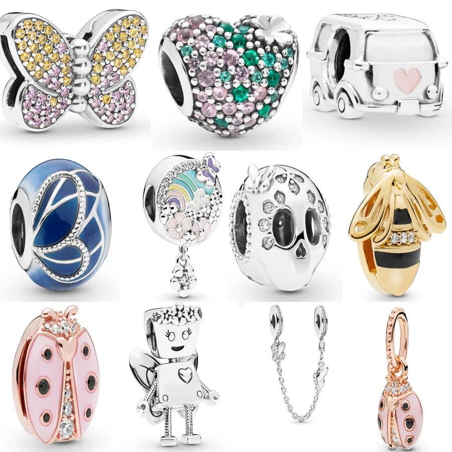 

New 925 Sterling Silver Reflexions Ladybird Clip Camper Van Charm Fit pandora Bracelet Floral Bella Bot Charm DIY Jewelry
