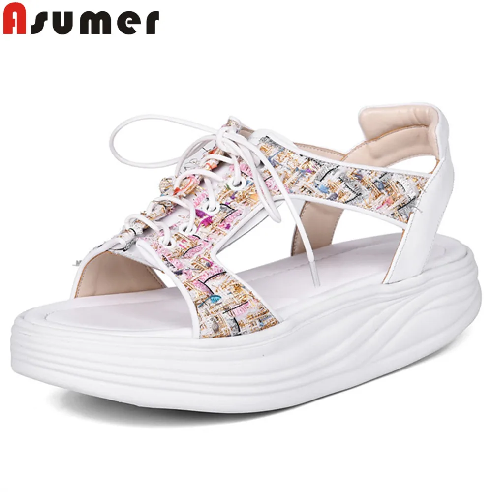 

ASUMER black white fashion summer new arrive shoes woman flat platform sandals women lace up casual comfortable leather shoes