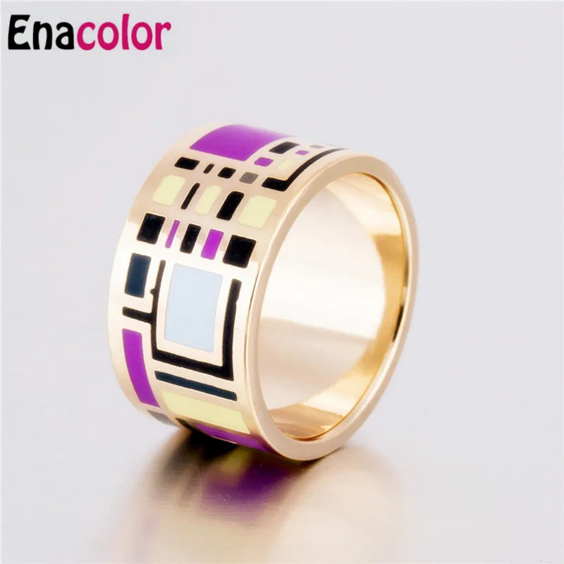 

Enacolor Ethnic Rings Geometry Purple Enamel Ring Stainless Steel Gold-color Patterns Ring 1.3CM Big Rings for Women Jewelry