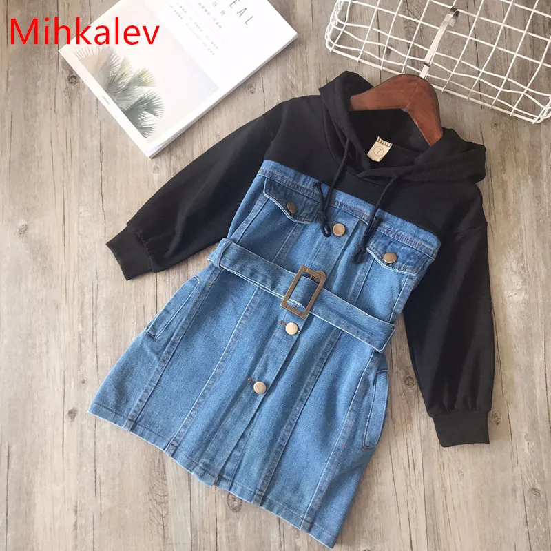 Mihkalev/платье для маленьких девочек; платье с длинными рукавами; withe sahes; коллекция года; сезон весна; детские толстовки с капюшоном; джинсовые платья; детские толстовки с капюшоном