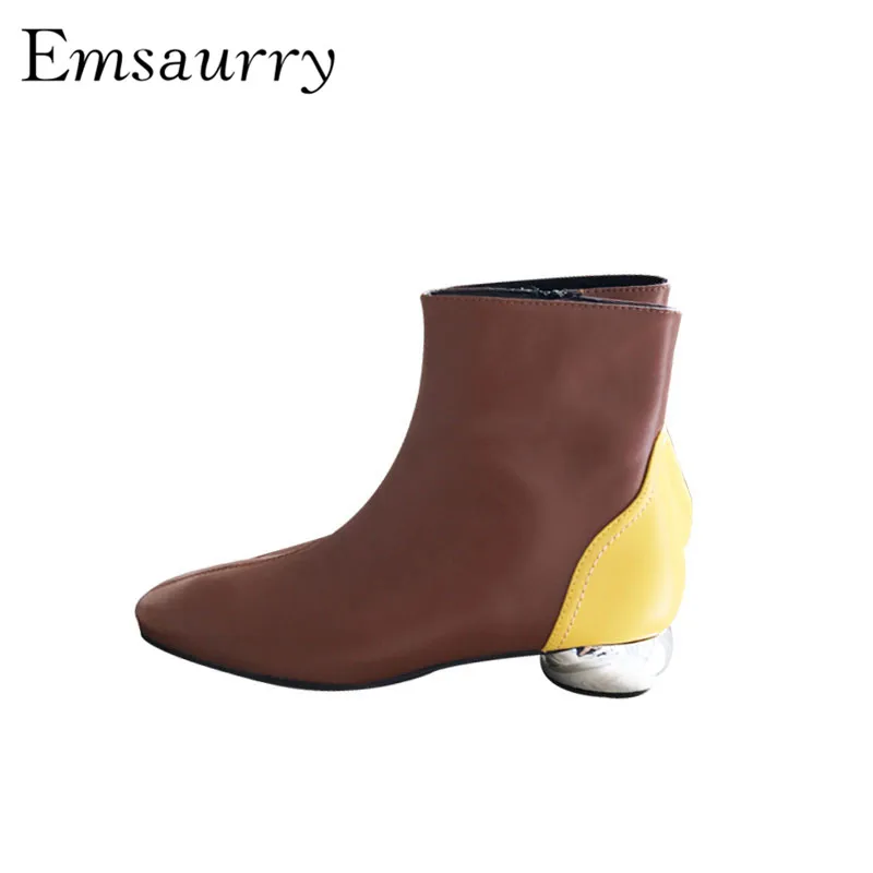 

2019 New Spring Short Booties Women Individual Strange Heel Side Zip Genuine Leather Lady Shoes Ankle Boots