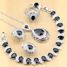 925 пробы серебряные ювелирные изделия Черный Камень Белый CZ Ювелирные наборы для женщин серьги кулон кольца браслет ожерелье набор