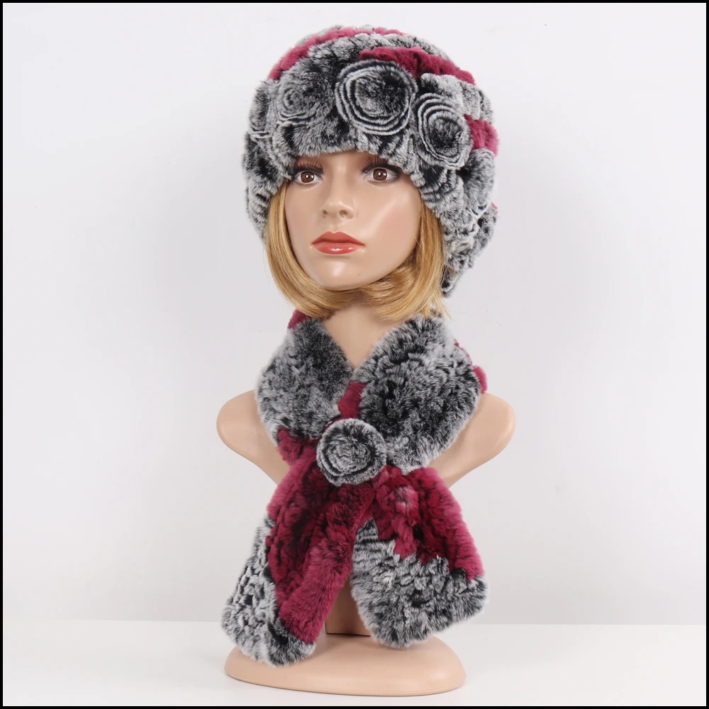 Горячая Распродажа женские шапки из натурального меха наборы шарфов женские зимние вязаные Настоящий мех кролика шапки муфельные 2 шт. натуральный мех шапка шарф