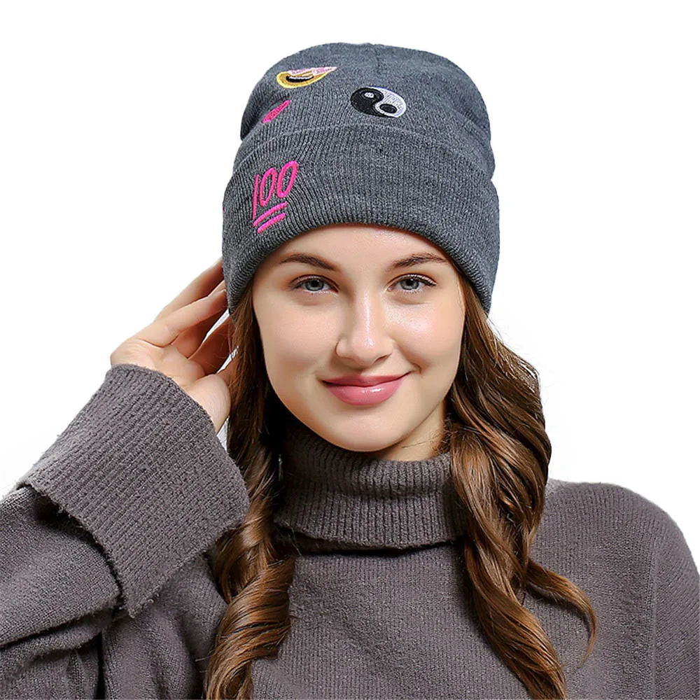 

Fashion Women's Cute Caps Dresses Girls Emoji Emoticon Men Winter Warm Outdoor Hats Women Baggy Wool Gray Knit Ski Beanie Hat