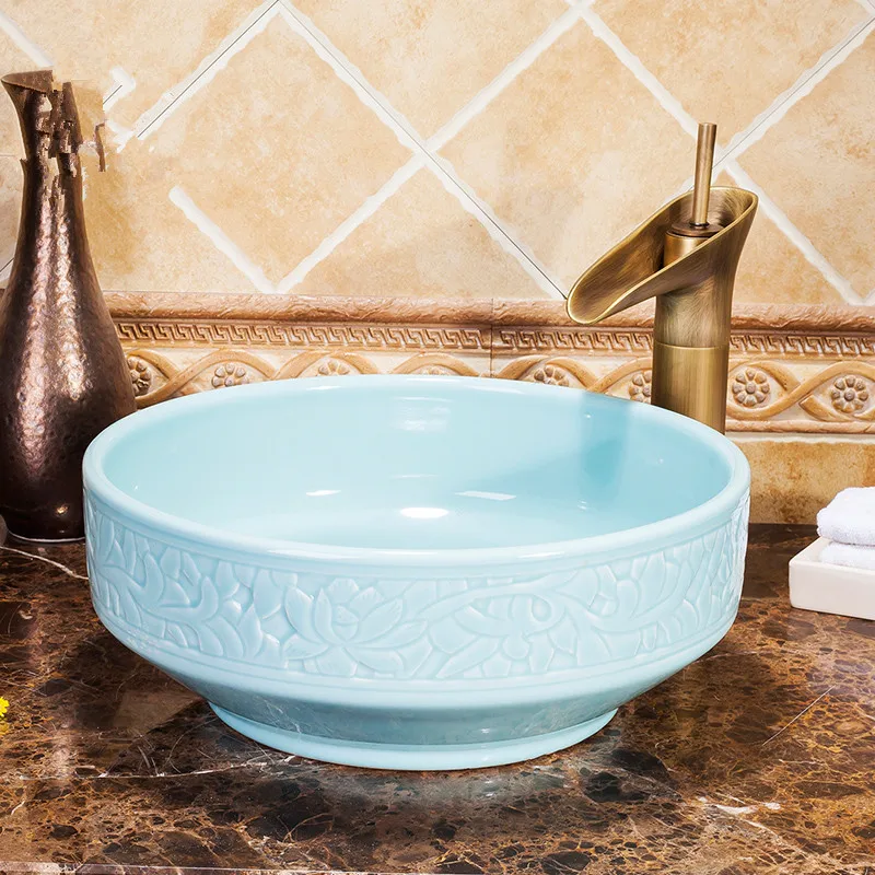 Light blue Europe Style Counter Top porcelain wash basin bathroom sinks ceramic vintage wash