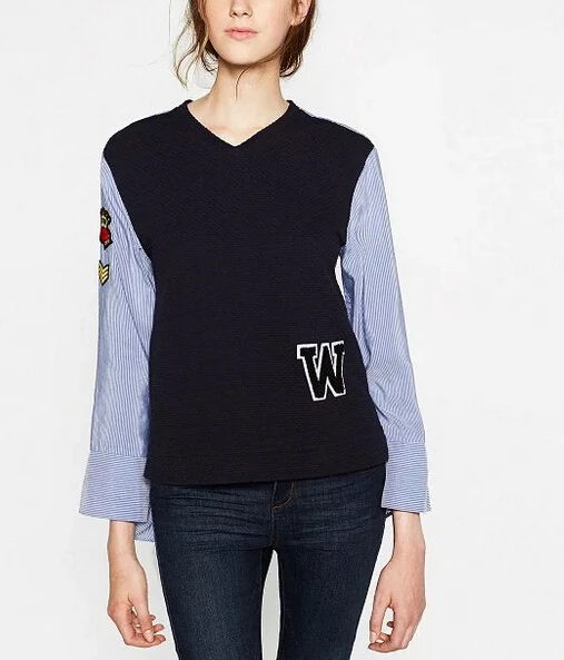

2017 women elegant v neck striped patchwork blouses shirts fashion women labling appliques roupas femininas blusas tops
