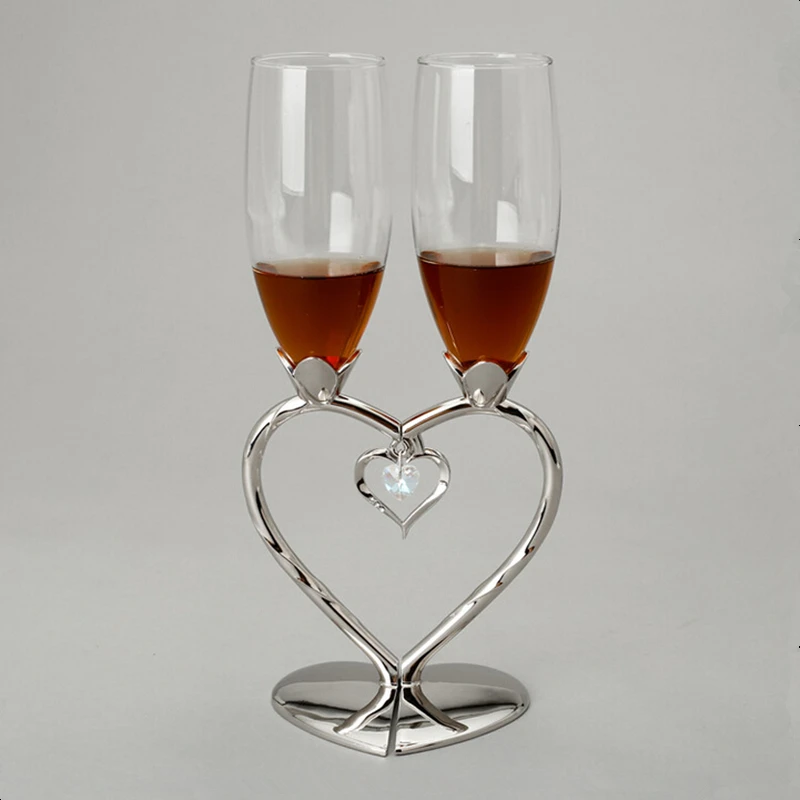 Silver plated 2 hearts shape champagne glass, champagne flute for