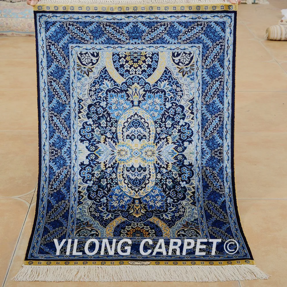 Yilong 2 'x 3' Восточный шелковый ковер темно синий Изысканный персидский коврик