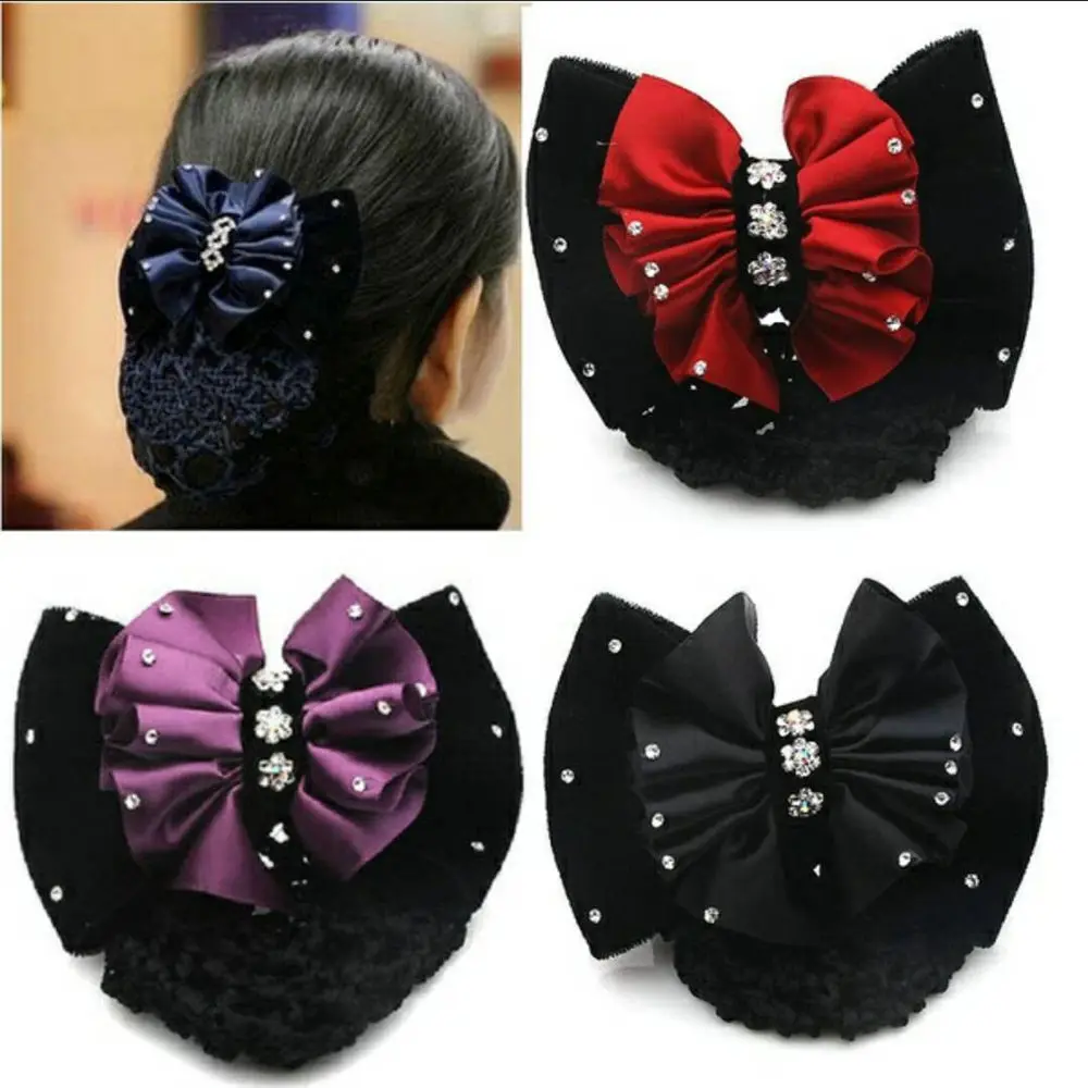 

Popular Lady Bow Rhinestone Barrette Hair Clip Net Cover Bowknot Bun Snood Hairpin Hairgrips Accessories for Women Hair Ornament