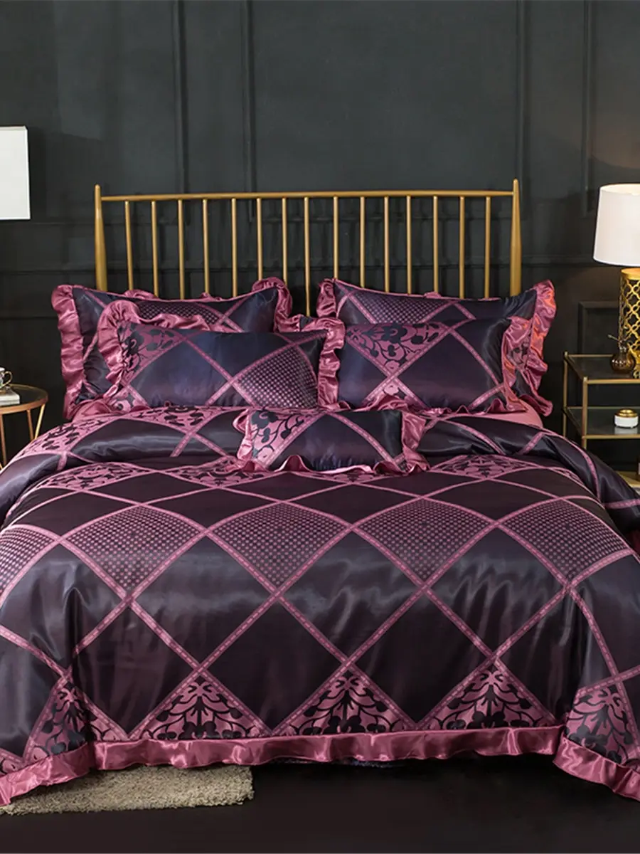

4Pcs Bedding Set Geometric Shape Color Block Plain Style Home Linen Set