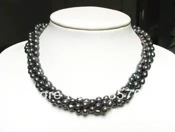 

xiuli 00915 lace 3 strands black freshwater pearl rice beads twisted