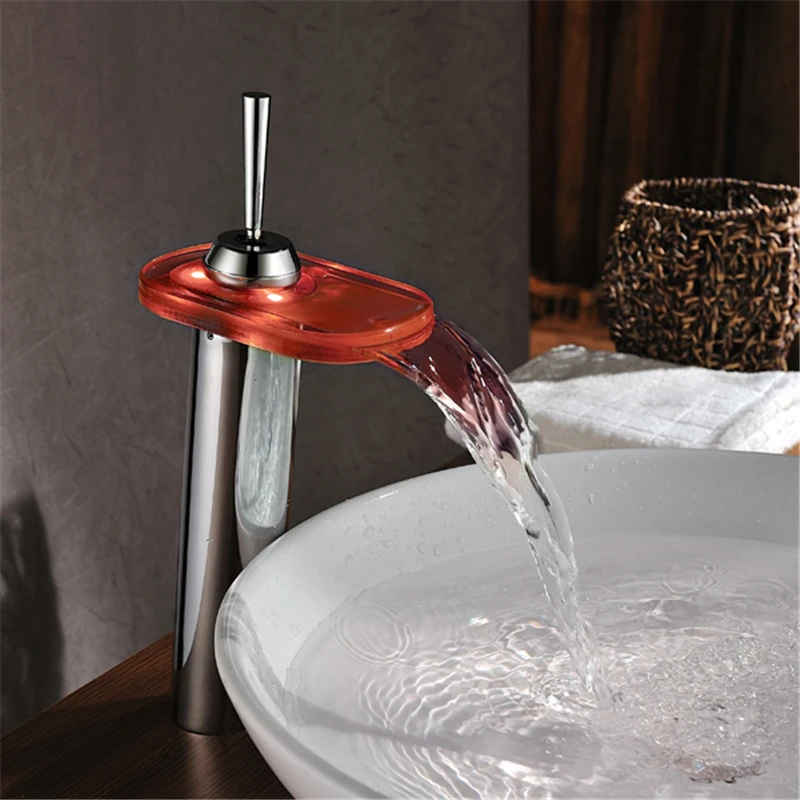 

Fashion Color Changing LED Waterfall Bathroom Sink Faucet Chrome Finish Deck Mount tap LD8005-014A