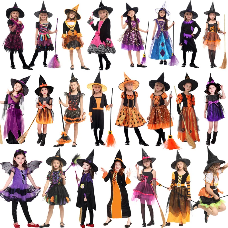 2018 New Witch Suit Cosplay Halloween Party Children Costume For Girls Halloween Clothing Set Witch Dress Hat cloak Accessories