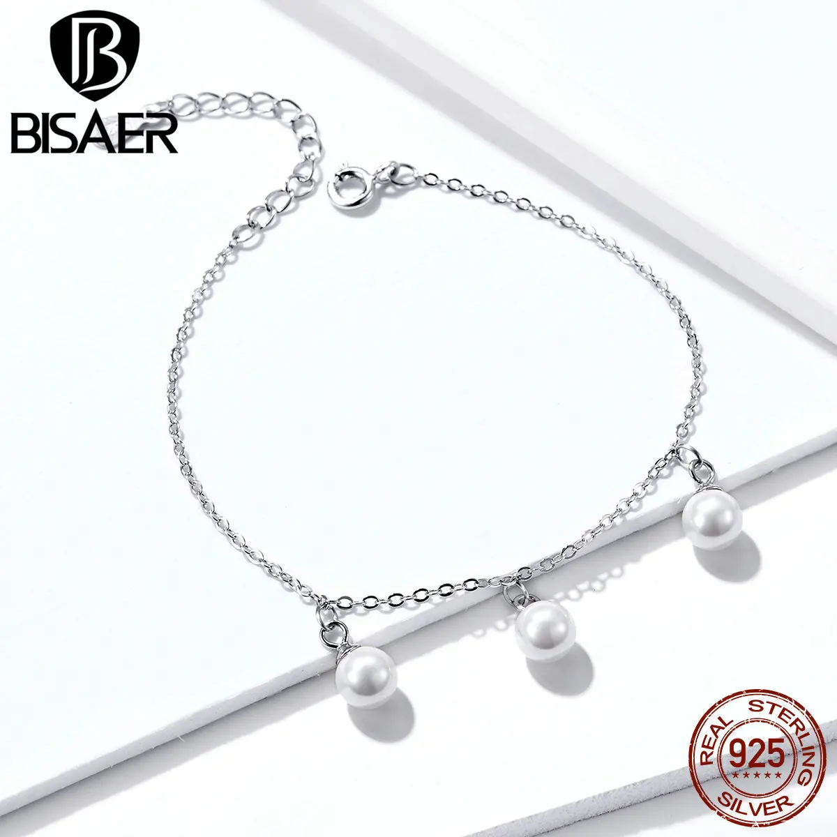 

BISAER Women Bracelets Authentic 925 Sterling Silver Freshwater Pearl Link Bracelets for Women Sterling Silver Jewelry ECB132