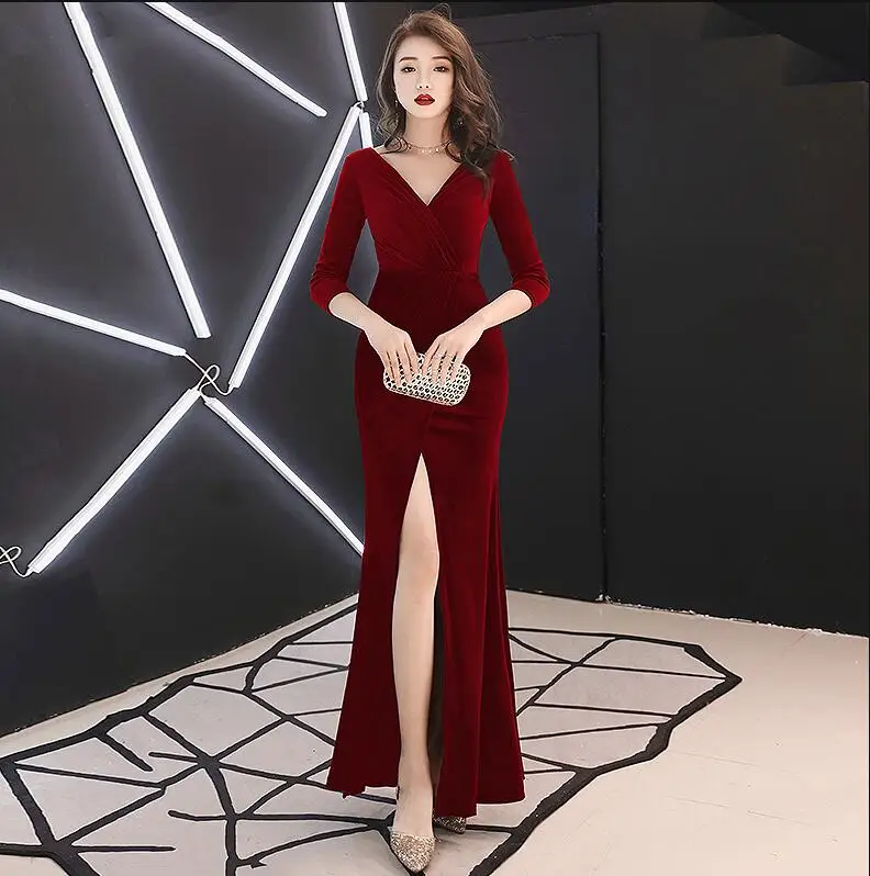 Weiyin зеленые бархатные вечерние платья с длинными рукавами robe de soiree longue платье для выпускного вечера abendkleider vestidos de fiesta WY1319 - Цвет: winre red