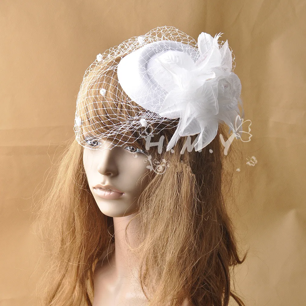 Red/White Wedding Veil Hats With Feather and Flower Decoration Romantic