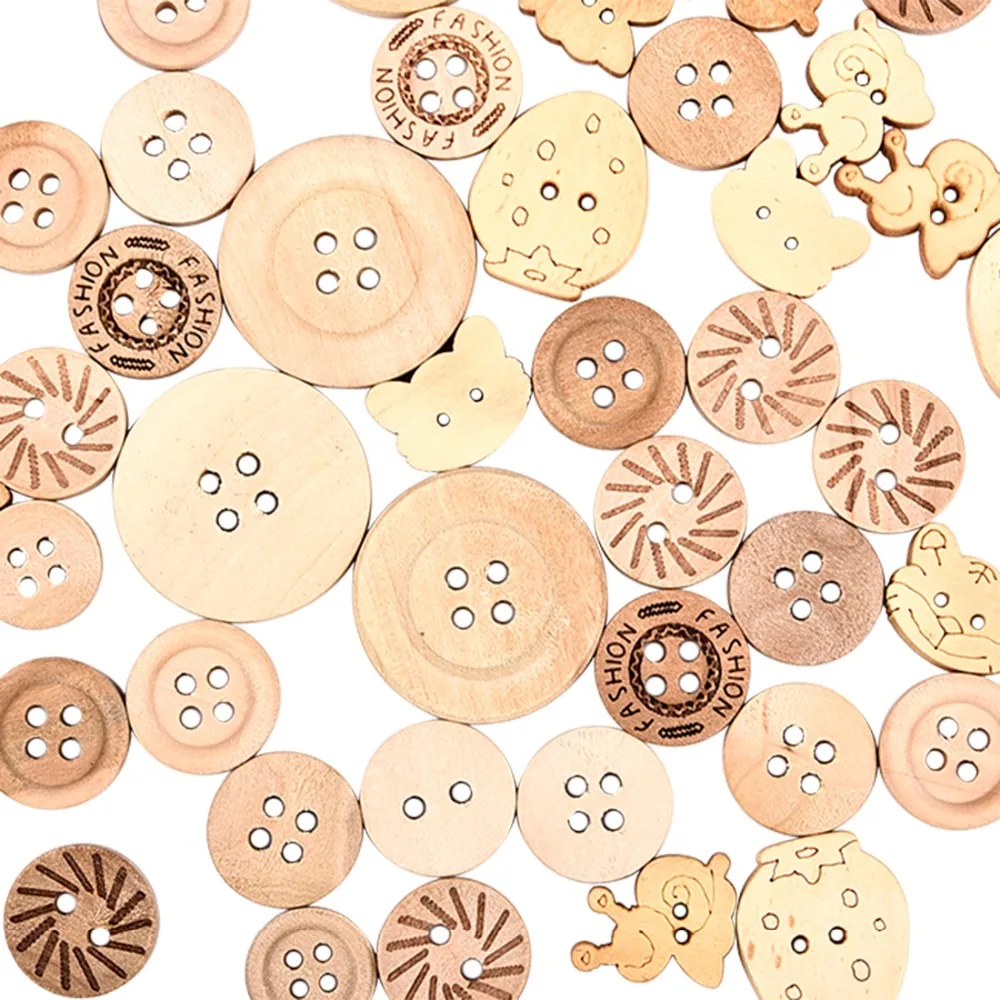 100pcs Natural Color Random Mixed Wooden Button Round Animal Shaped