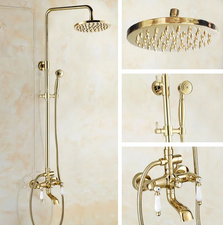 

Luxury Polished Gold Color Brass Dual Ceramic Handles Levers Bathroom Round Rainfall Shower Faucet Set Bath Tub Mixer Tap mgf362