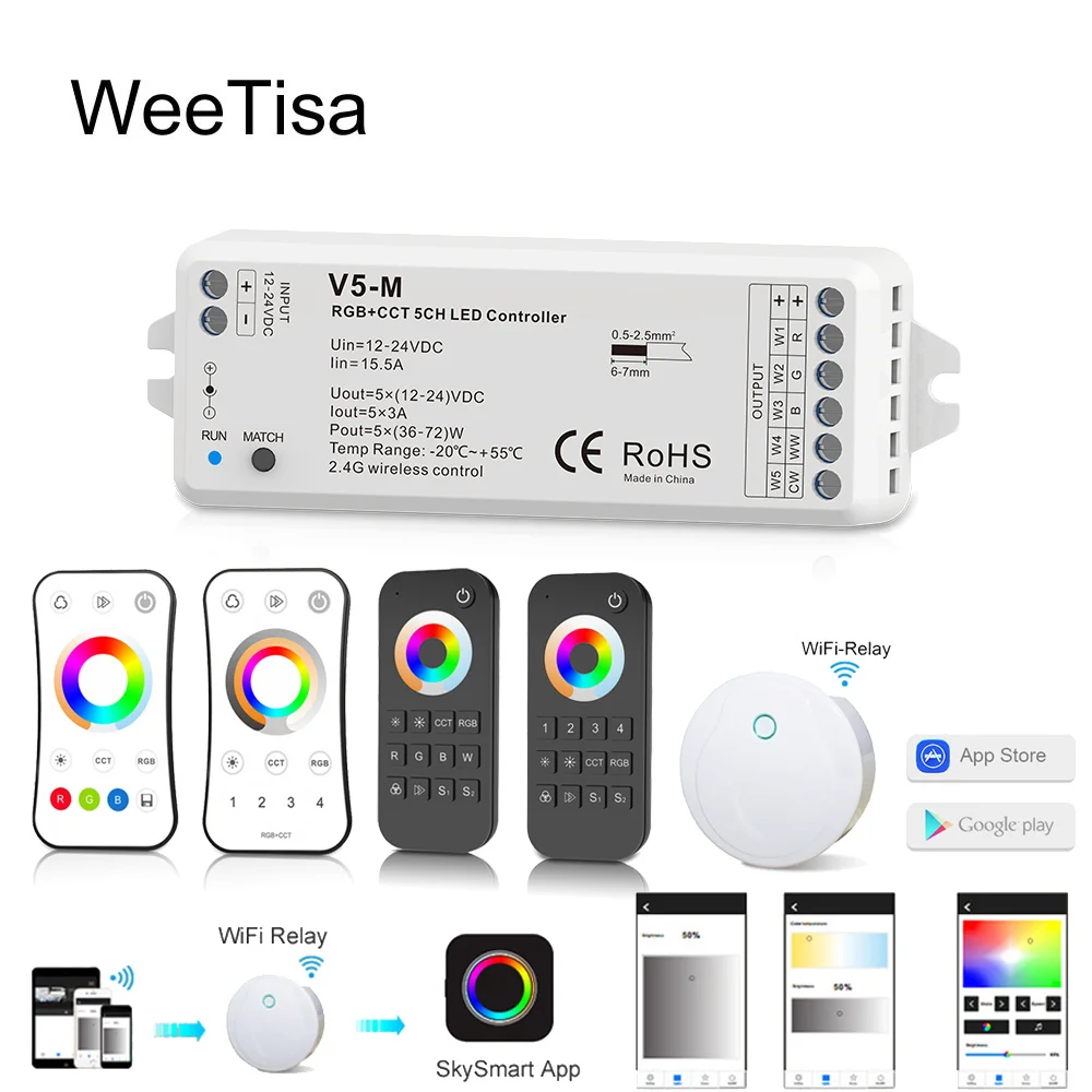 

12V LED Controller RGBCCT DC 24V PWM 5CH RF Wireless Remote Smart Wifi Controller for 12V 24V RGBWW RGBCCT LED Strip Light Lamp
