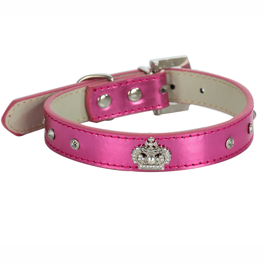 

Rhinestones Crown Dog Collar Pu Leather Diamante Studded Adjustable Pet Puppy Necklace Strap For Small Dogs Pink Purple