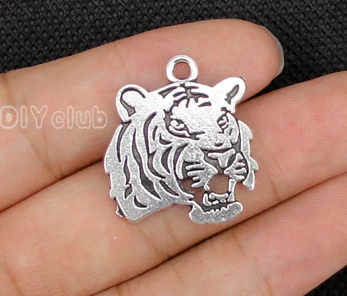 25pcs Tiger Charms Antique Silver 2 Sided Tiger Head Charm Pendant
