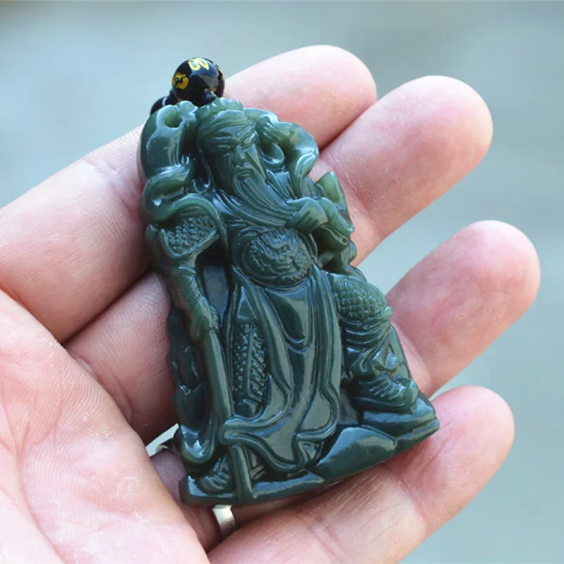 

Natural Green HETIAN Jades Pendant Carved Chinese Wealth God Broadsword Guan Yu The Duke Guan Pendant Necklace men's Jewelry