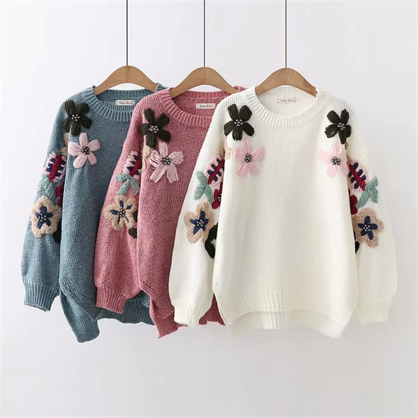Женский свитер с круглым вырезом Pull Hiver Femme модный теплый пуловер цветочным