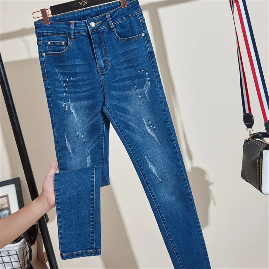 Большие джинсы для Для женщин Высокая Талия рваные эластичные длинные Повседневное джинсовые узкие брюки Бисер узкие женские брюки стрейч джинсы