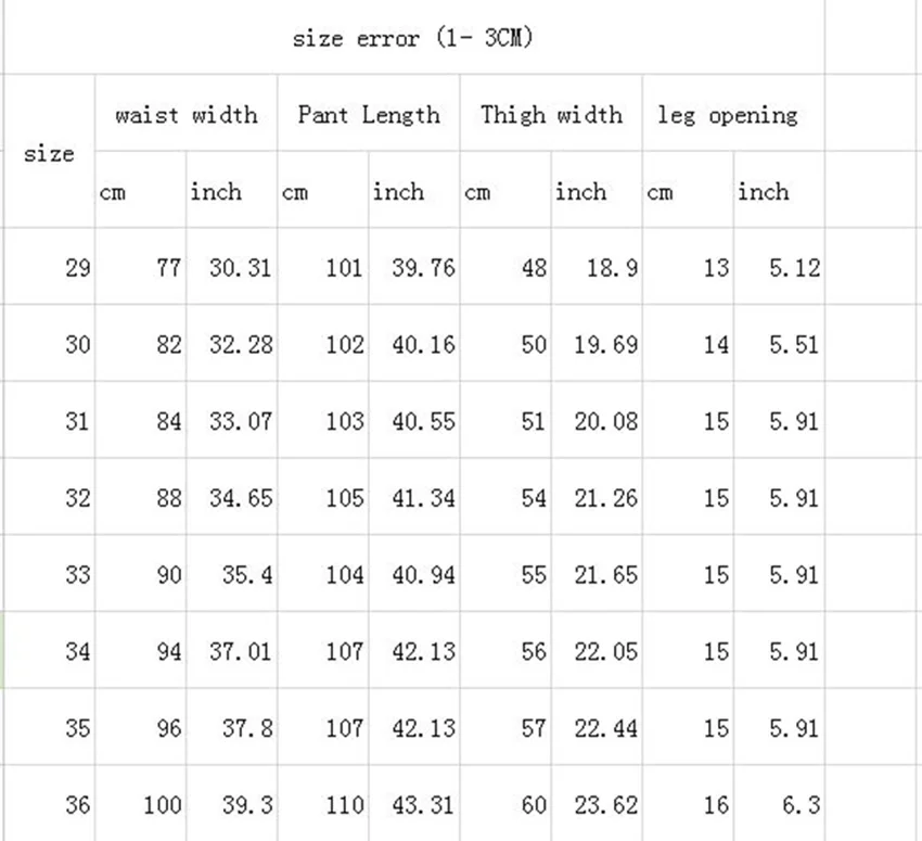 size chart biker jeans