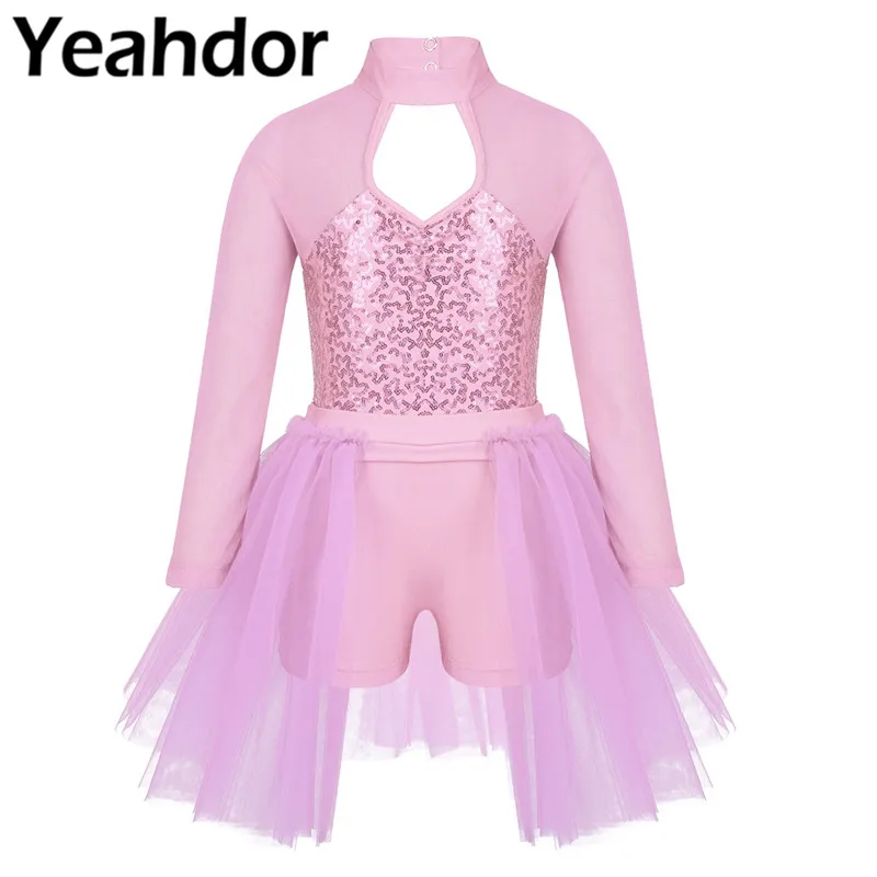 

Kids Girls Ballet Leotard Tutu Dress Tulle Long Sleeves Shiny Sequins Cutout Back Lyrical Contemporary Dance Costume Jumpsuit