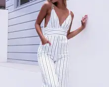 V-Neck Strap Jumpsuit Women Striped Clubwear Deep Playsuit Sleeveless Jumper Bodycon Female Summer Backless Romper